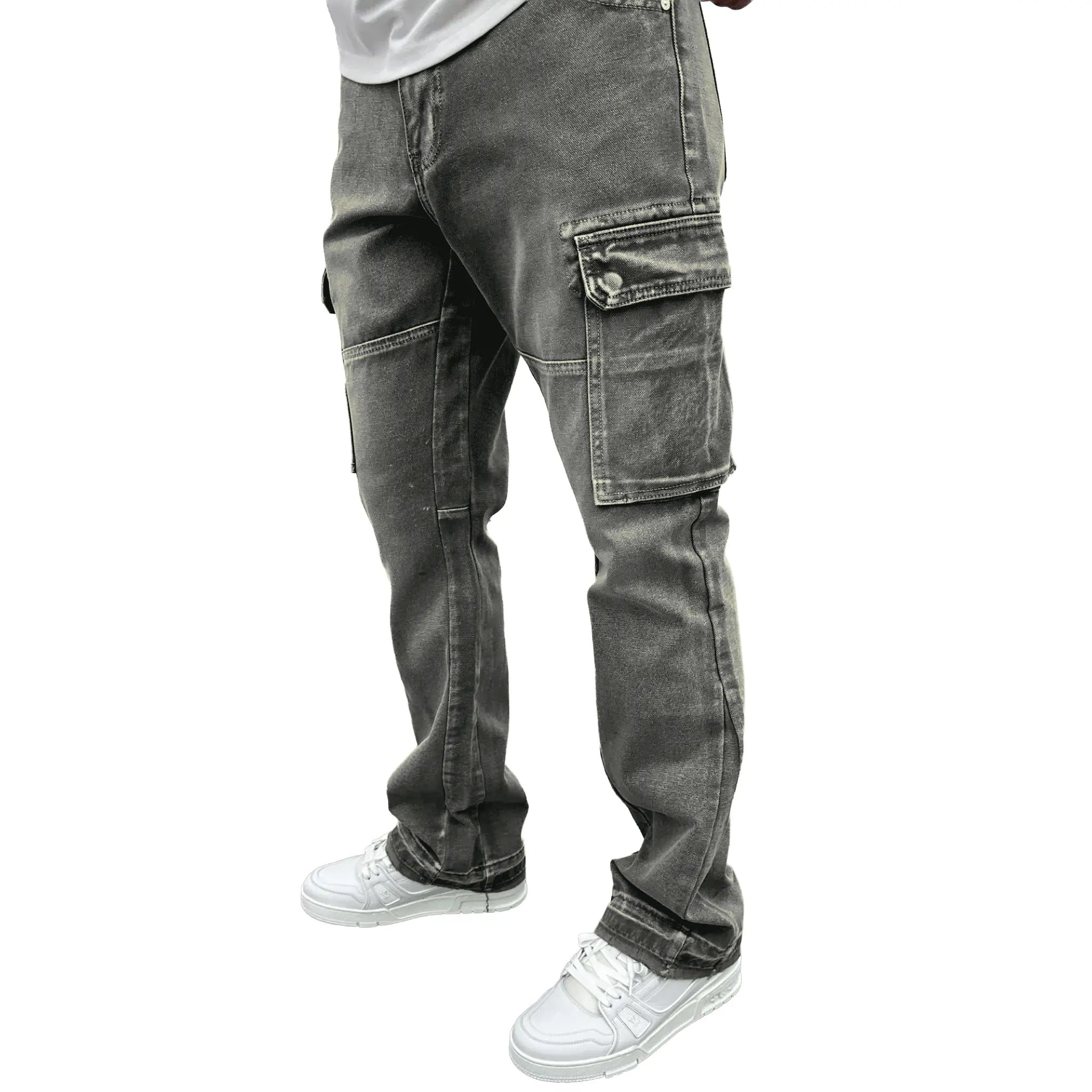 Front Side View of SIARR Flared Cargo Jeans Lead